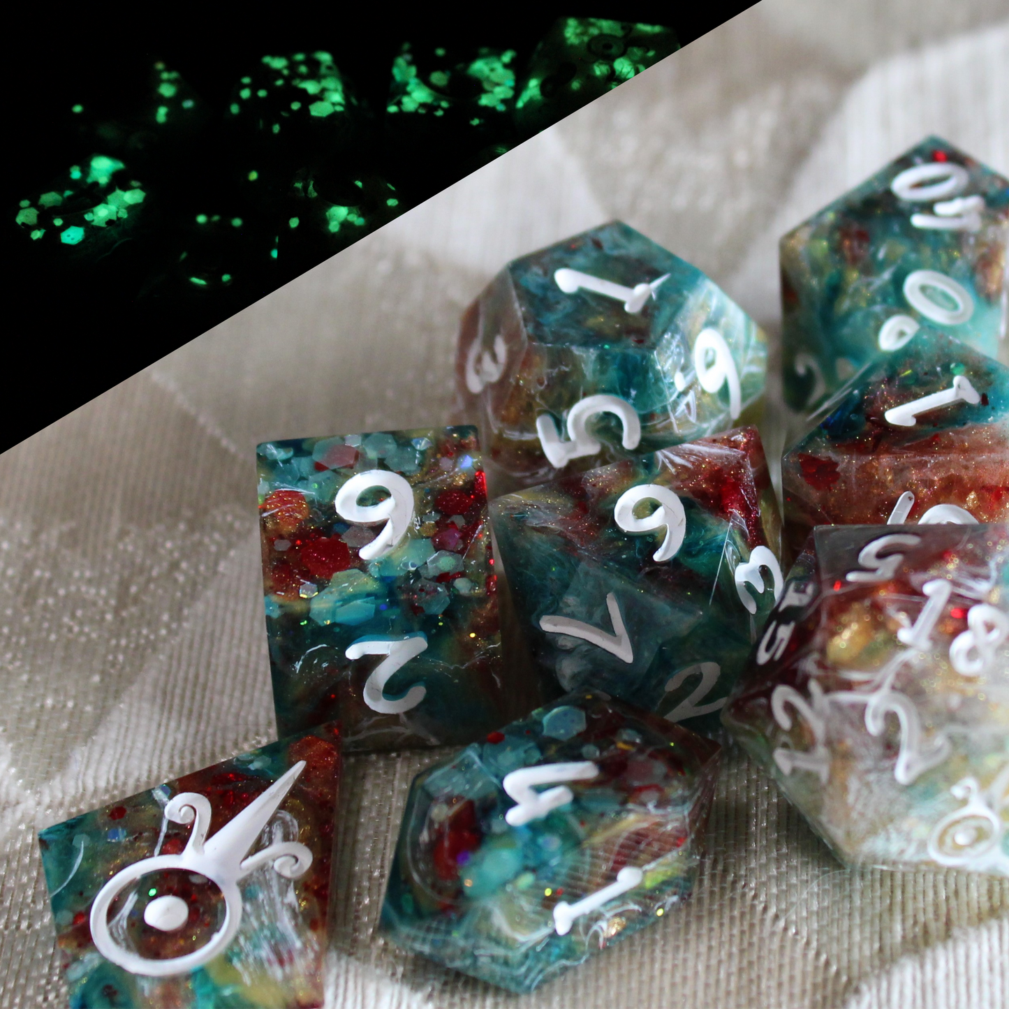 Handmade Showman Dice (Glow-in-the-dark Glitter!)