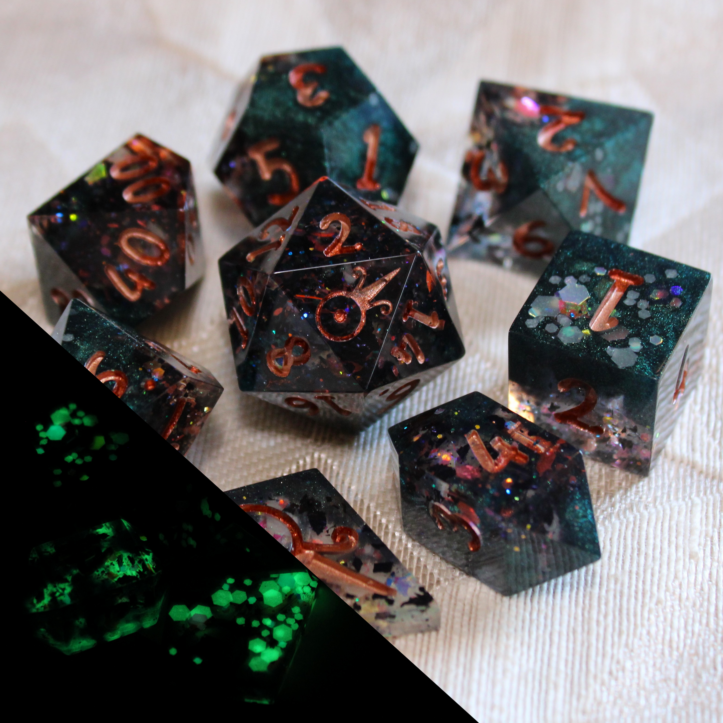 Handmade Tinkerer's Workshop Dice (Glow-in-the-dark!)